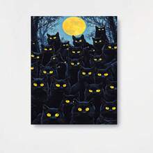 Póster en lienzo de arte de fantasía oscura sin marco 2D plano - El misterioso mirada del grupo de gatos negros iluminados por la luna, una pintura decorativa con tema oscuro, adecuada para espacios emergentes, estudios de arte, escenas de estética gótica y pinturas artísticas impresas - Enmarcado - Ver 1