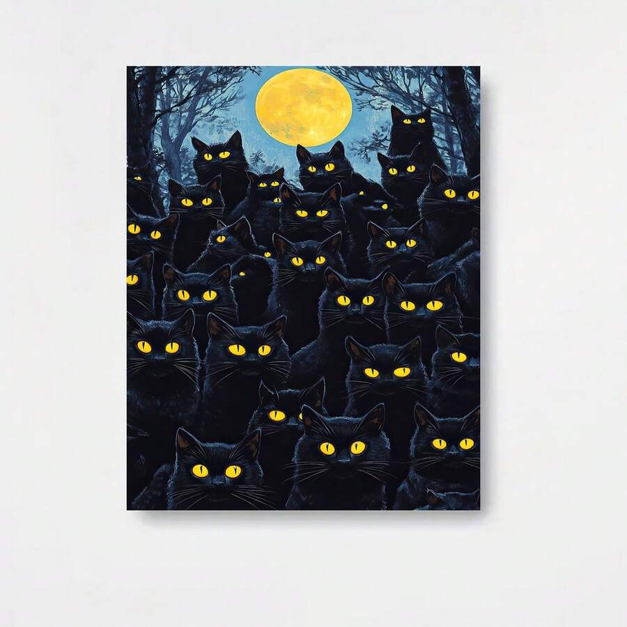 Póster en lienzo de arte de fantasía oscura sin marco 2D plano - El misterioso mirada del grupo de gatos negros iluminados por la luna, una pintura decorativa con tema oscuro, adecuada para espacios emergentes, estudios de arte, escenas de estética gótica y pinturas artísticas impresas - Enmarcado - Ver 1