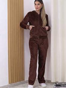 Women's Traditional Plush Set With Hooded Blouse - Dark Brown - View 1