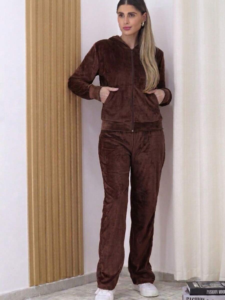 Women's Traditional Plush Set With Hooded Blouse - Dark Brown - View 1