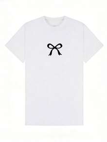 Camiseta de manga corta con cuello redondo suave y casual para mujer, estampado minimalista con lazo negro, adecuada para uso diario casual. Negra. - Blanco - Ver 2