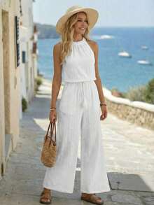 Mono ancho de pierna casual con bolsillo, cintura con borlas y unicolor, de moda para vacaciones - Blanco - Ver 1