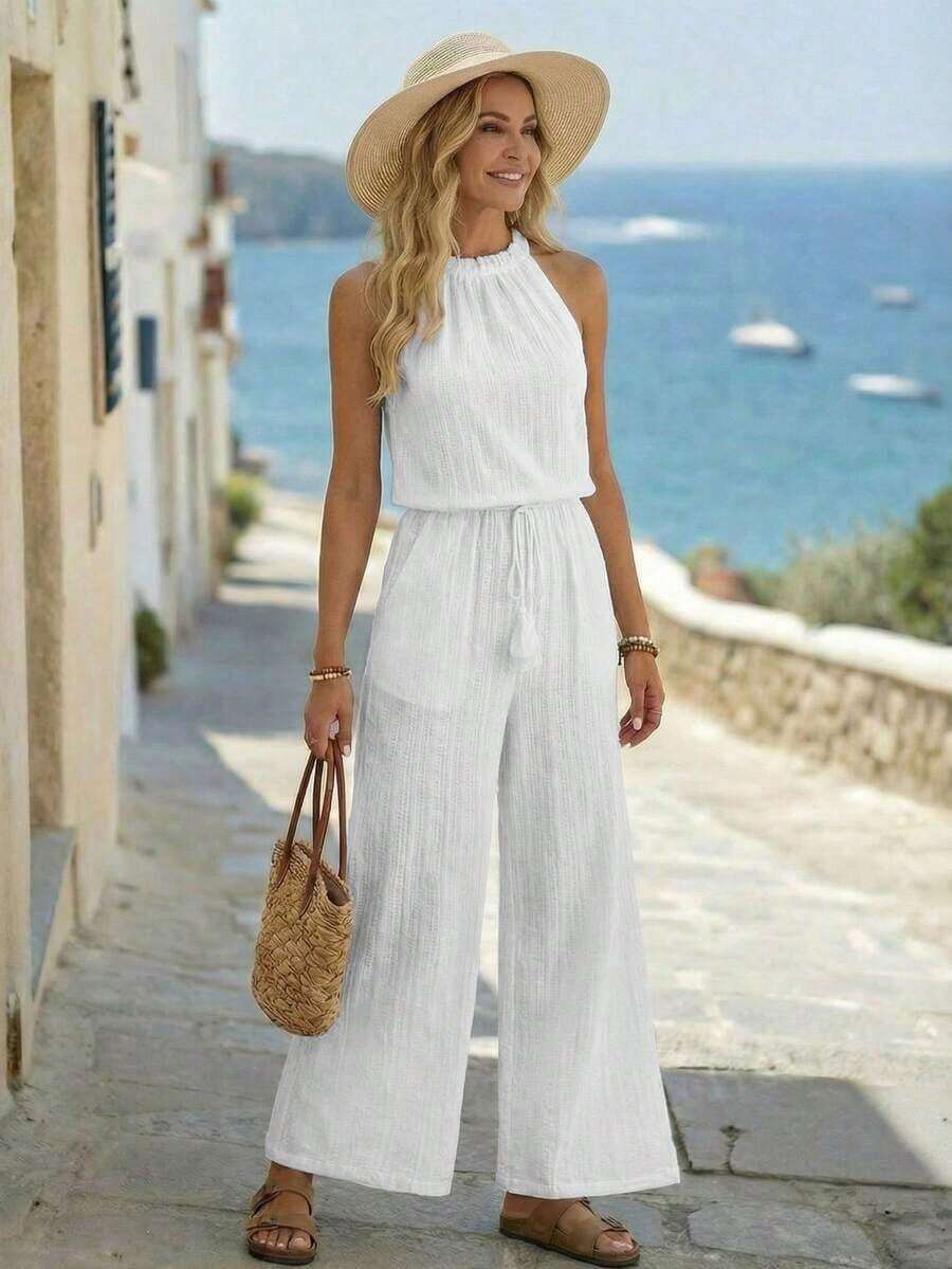 Mono ancho de pierna casual con bolsillo, cintura con borlas y unicolor, de moda para vacaciones - Blanco - Ver 1