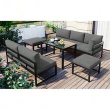Garden Furniture Set (4-5 Seats), 2 Stackable Coffee Tables, Galvanized Iron Frame, Comfortable Garden Furniture, Grey Seat Cushions And Pillows Included, With Adjustable Legs - 灰色 - 查看 5