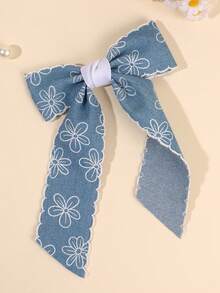 1pc Light Blue Hair Bow For Women Cute Flower Fabric Bow Alligator Clip With Tail Elegant Bow Hair Clip White Edge Bow Barrette Women Hair Accessories,Festival,Party - Baby Blue - View 3