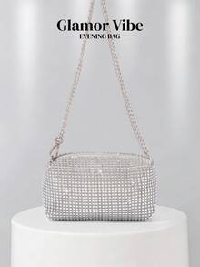 Sparkling Allover Rhinestone Silver Evening Bag, Shiny Sequin Square Crossbody Bag With Detachable Chain, Suitable For Wedding, Cocktail Party, Prom, Beach, Banquet - Silver - View 9