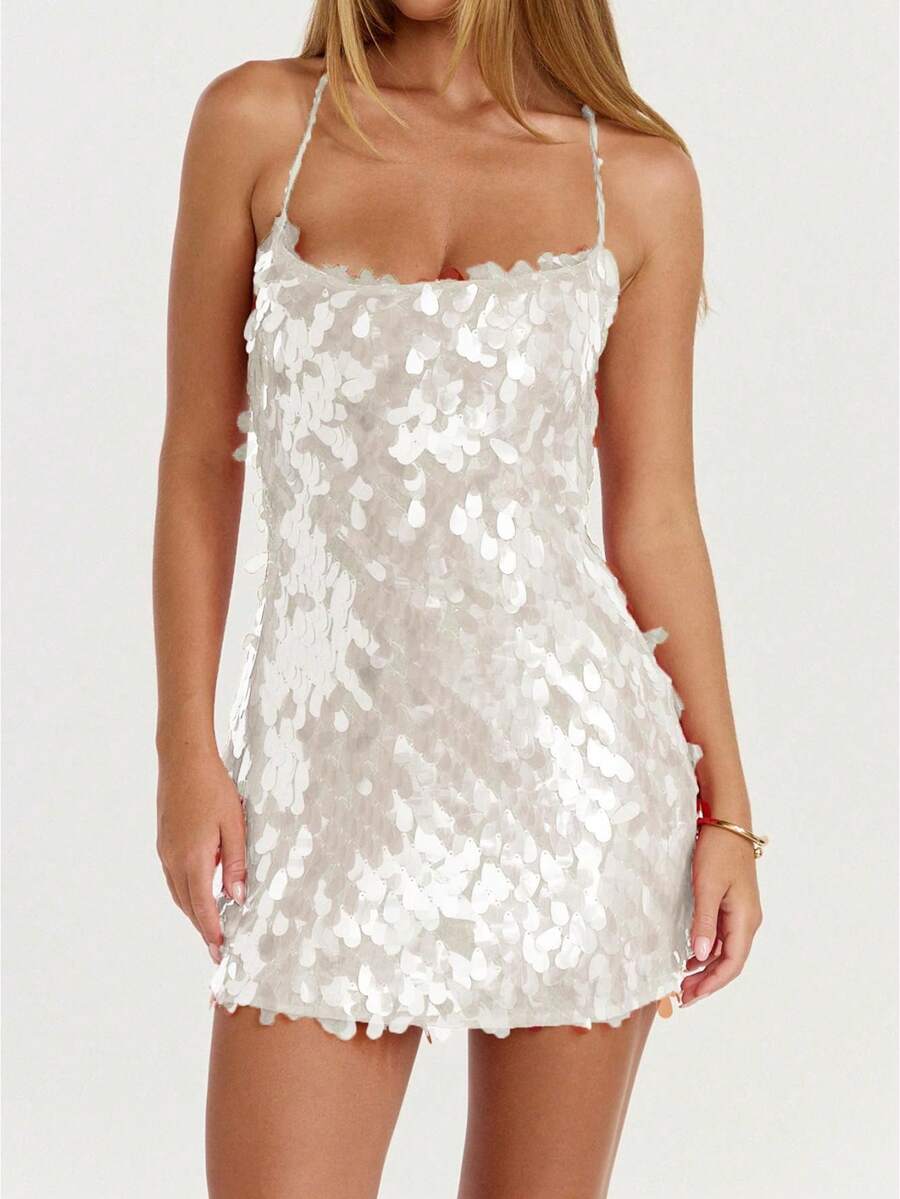 Women's Sequin Sparkly Glitter Dress Halter Neck Sexy Sleeveless Backless Party Club Mini Dresses - 白色 - 查看 1
