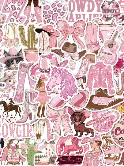 50 stuks/set Grappige Cartoon Roze Howdy Cowgirl Esthetische Stickers, Decoratieve Stickers voor Laptop Gitaar Briefpapier Telefoon Scrapbook Bagage Notitieboek Sticker Scrapbookbenodigdheden