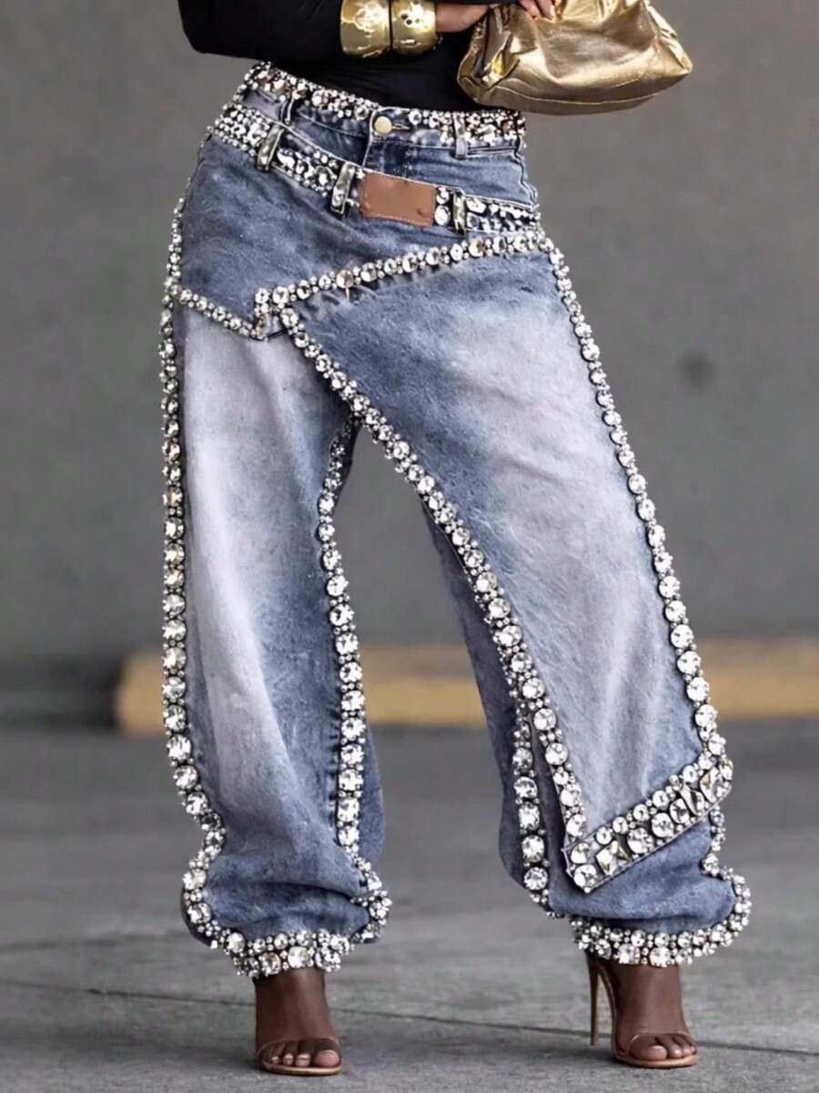 Fashion Personalized High-Waisted Jeans, Heavy Industry Splicing, Handmade Diamond-Encrusted Design, Straight Wide-Leg Pants - 1 - View 1