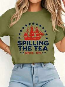 1pcsFunny 4th Of July Spilling The Tea Since 1773 Fourth Of July T-Shirt Print T-Shirt Casual Comfort Tee-Women Casual Going Out Tees - 軍綠色 - 查看 14