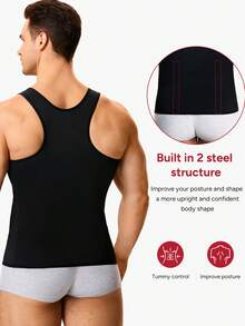 TAILONG Men's Plus Size Summer Zipper Front Compression Tank Top Waist Trainer Inner Buckles Steel Bones Tummy Control Breathable Mesh For Gym Daily - Black - View 3
