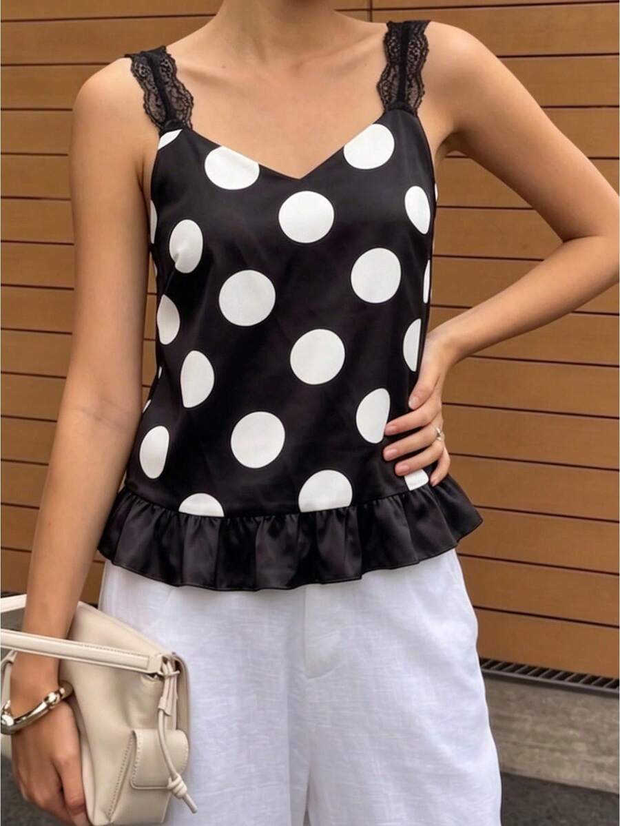 Women Dot Print Camisole Tops Lace Trim Spaghetti Strap V Neck Ruffled Hem Backless Cami Tops For Summer Going Out - 黑色 - 查看 1