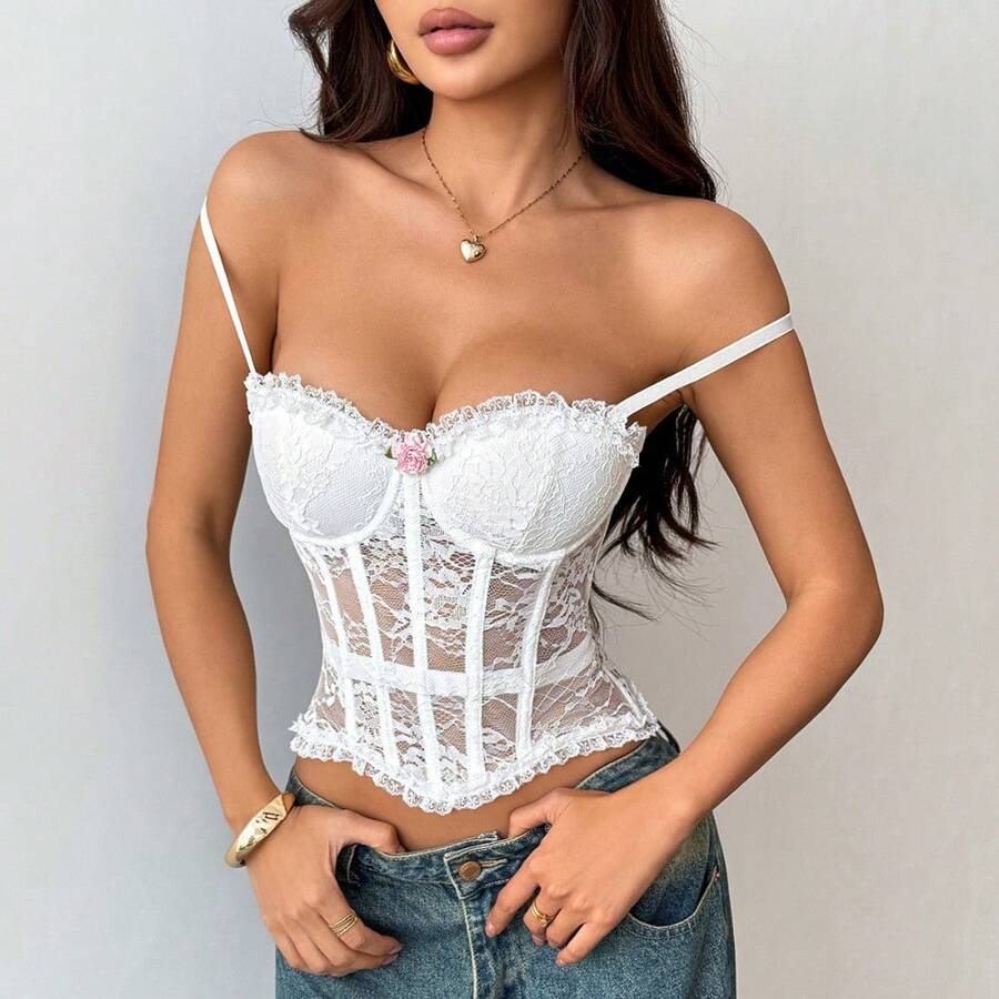 Women's Lace Corset Top White Spaghetti Strap Bustier With Heart Detail Sleeveless Sheer Mesh Y2K Aesthetic Summer Top For Party Festival - 白色 - 查看 1