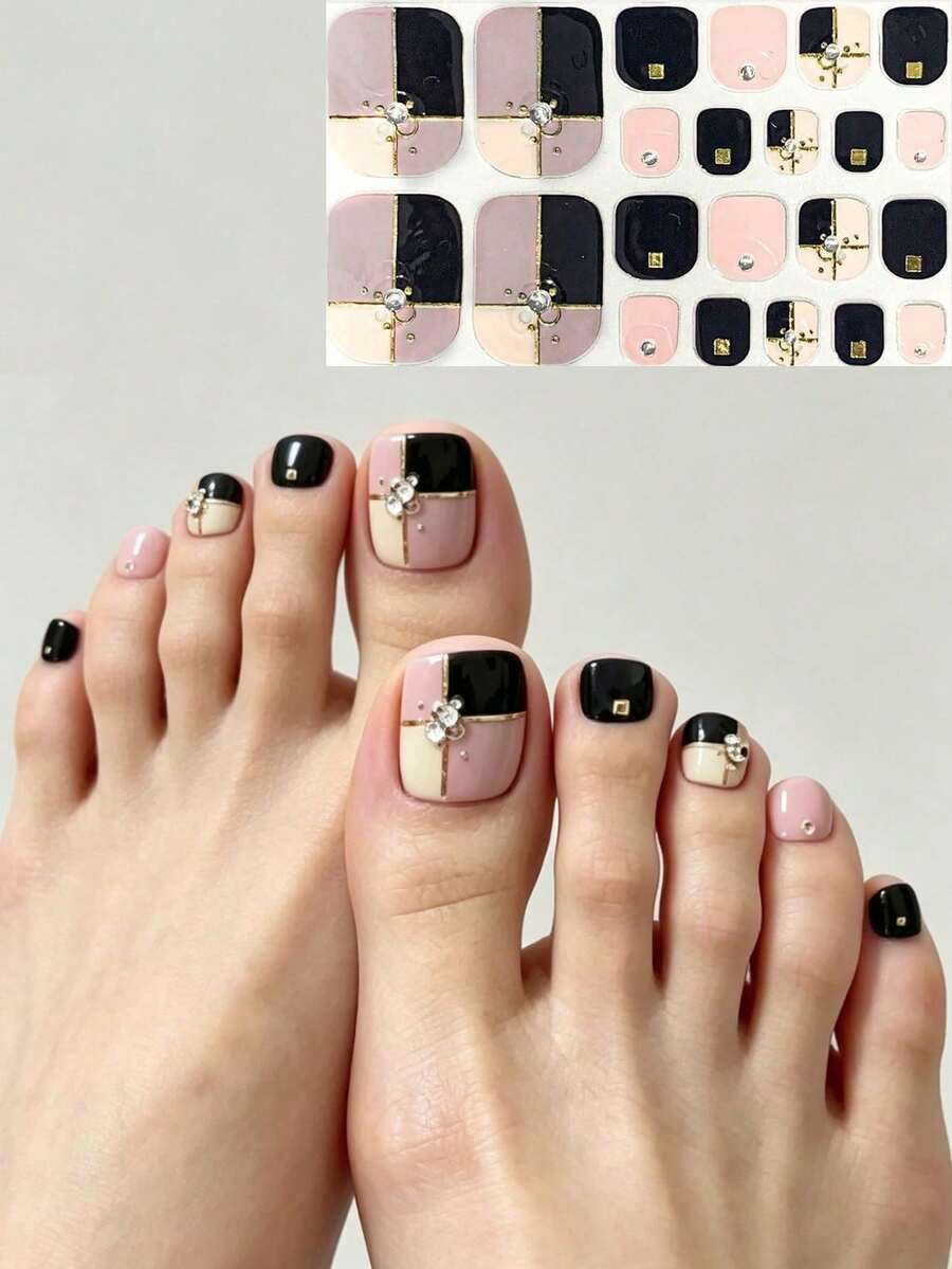 Summer New 3D Faux Crystal Plaid Nail Stickers, Travel Outfit Accessory, 22pcs Toe Nail Art Decals For Women - Multicolor - View 1