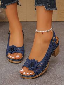 Giày sandal cao gót nữ khoét rỗng họa tiết hoa, màu trơn, phong cách Bohemian thanh lịch, thể thao, nghỉ dưỡng, thời trang tiên phong, retro gợi cảm, kiểu dáng cut-out, thích hợp cho kỳ nghỉ, đám cưới, trường học, du lịch, tiệc tùng, văn phòng, hoạt động ngoài trời, mùa hè, đế platform. - Màu xanh hải quân - Xem 5