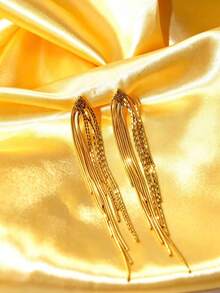 Đôi bông tai nữ bằng thép không gỉ mạ vàng 18k với mặt dây chuyền hình tua rua đính kim cương, được làm từ thép titan, thanh lịch và thời trang, phù hợp với trang phục hàng ngày, đi làm và các dịp lễ hội, là lựa chọn hoàn hảo để làm quà tặng cho người thân. - kim cương - Xem 6