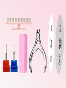 7件套美甲工具套装：砂纸锉、抛光块、角质钳、清洁刷，专业粉色美甲护理套装，美甲用品，美甲师专用美甲用品 - 彩色 - 查看 1
