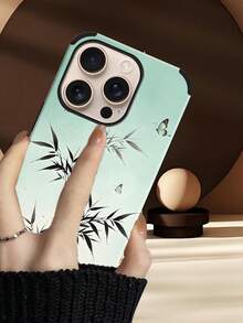 1pc Retro Ink Bamboo & Butterfly PU Leather Shock-Proof Dustproof Handmade Protective Case Suitable For Apple 17 Pro Max/16 Pro Max/16 Plus/13 Pro Max/14 Pro Max 13 14 11 12 Pro 11/15 Pro, Galaxy S24 Ultra, With Speaker Hole Design, Suitable As Holiday Gift - Light Green - View 5