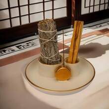 4 In 1 Incense Holder Ceramic Incense Stick And Palo Santo Holder Sage Holder For Burning- 4.25 Ceramic Ash Catcher Tray For Meditation And Yoga Room White Golden - White Golden - View 6