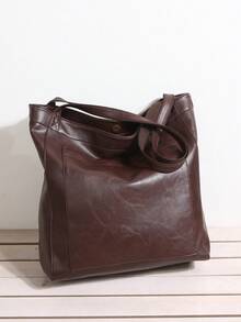 Large Capacity Tote Bag, Retro Faux Leather Handbag With Front Pocket, Suitable For Work And Travel - Coffee Brown - View 10