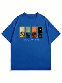 Camiseta de manga corta estampada minimalista para hombre, cómoda y transpirable, adecuada para el verano, a. - Azul - Ver 3
