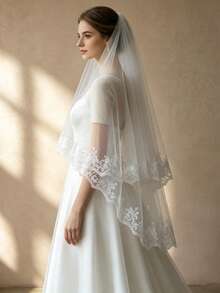 Double Layer Lace Bridal Veil With Comb, Suitable For Wedding Dress, Bridal Veil - Milky - View 2