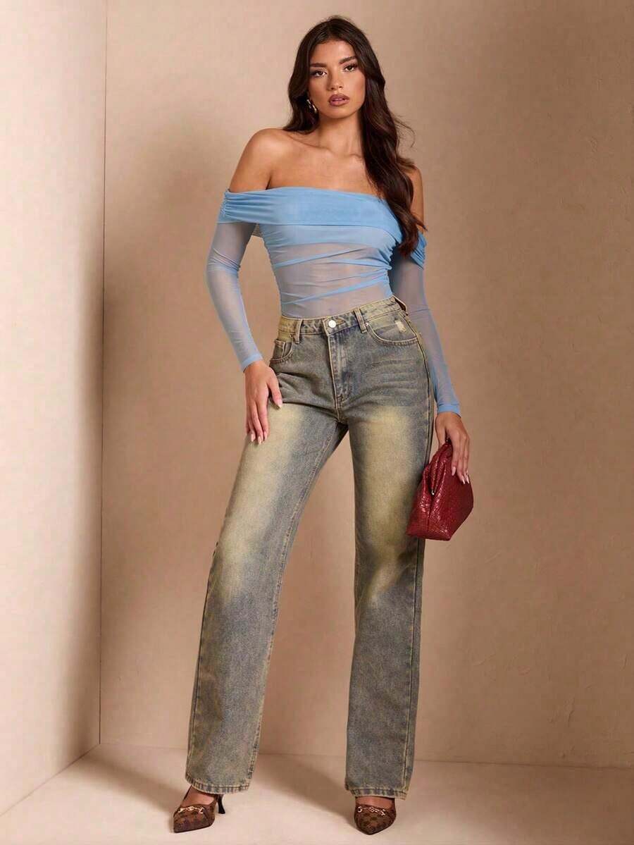 Body entero negro hombros descubiertos para mujer, tela tul transparente combinada con diseño de fruncidos, prenda sensual ideal para Halloween y looks nocturnos elegantes - Celeste - Ver 1