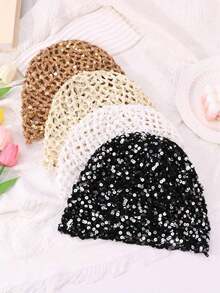 1pc Women's Fashion Hollow Crochet Sequin Beanie, Suitable For Everyday Wear - 連帽帽 - 查看 2