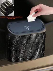 1pc Rhinestone Design Car Trash Can With Lid, Press-Type Car Trash Can For Storing Trash And Car Decoration, Includes 30 Trash Bags, With Back Clip For Hanging On Car Door Side, Shiny Car Trash Can - Style a - View 2