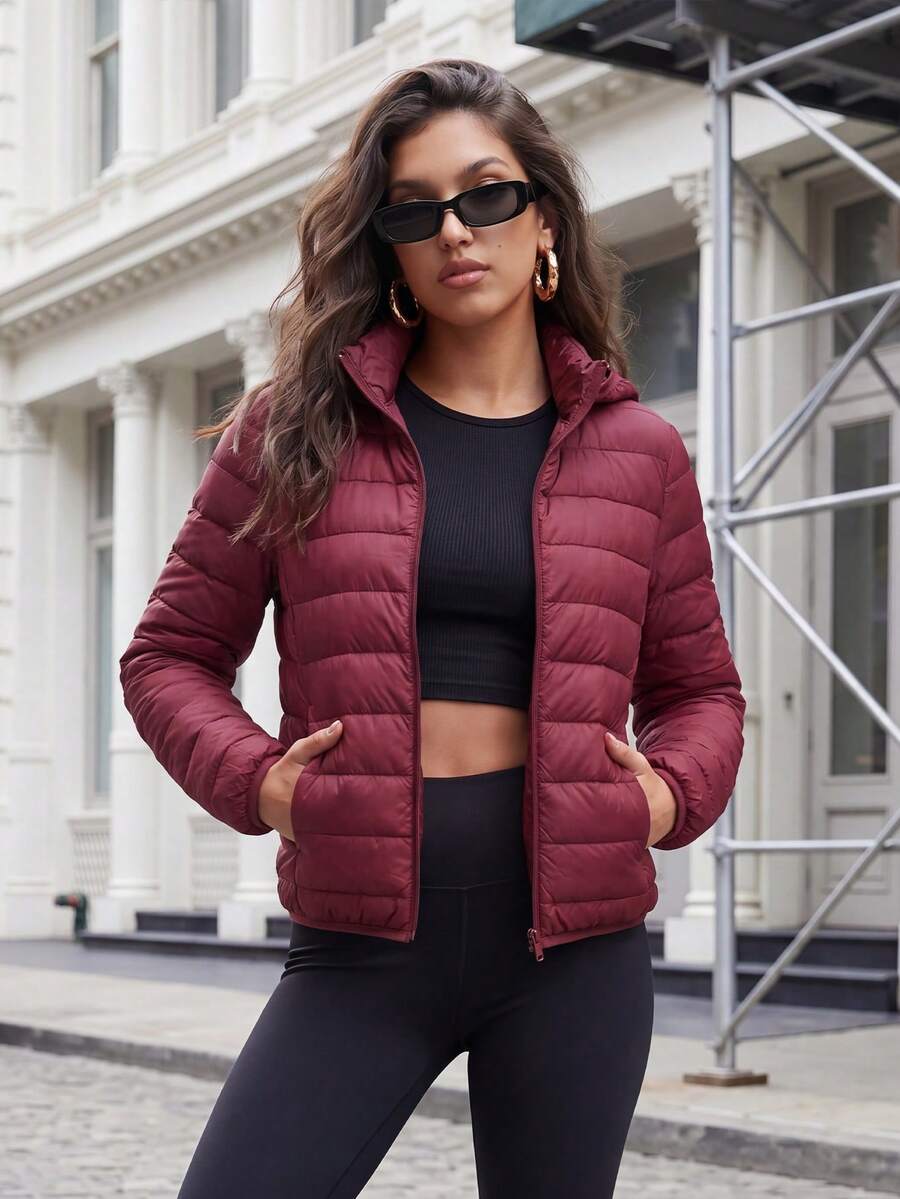 Women's Long Sleeve Hooded Down Jacket, Regular Length, Warm Padding, With Pockets And Zipper - Burgundy - View 1