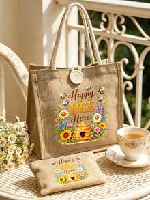 Reusable Tote Bag With Cute Bee & Floral Print, Lightweight Foldable Shopping Bag, Canvas Handbag With Rope Handle, Portable Makeup Cosmetic Travel Pouch, Compact Size Fits Cosmetics, Books, Lunch & Daily Essentials, Great Gift For Mom, Wife, Grandma, Mother's Day - Multicolor - View 9