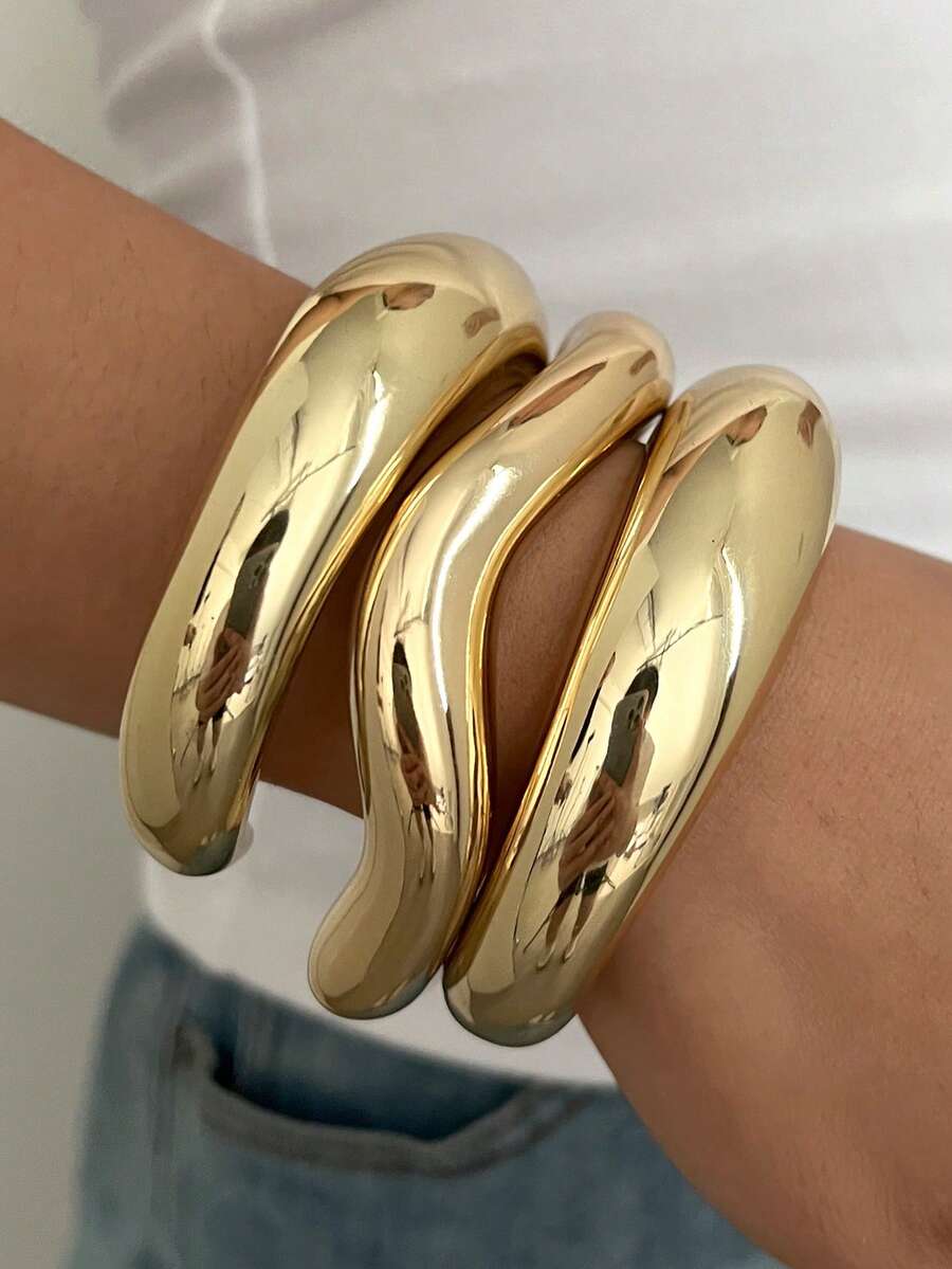 3pcs Elegant Vintage Casual Minimalist CCB Material Women Wavy Arc Open Bangle Set, Suitable For Daily Wear, Stackable, Lightweight, Smudge-Proof, Perfect Gift For Christmas, Halloween And Other Holidays, Versatile For All Seasons - Gold - View 1