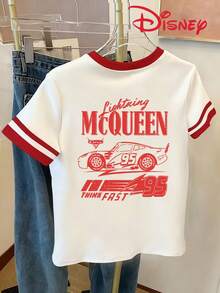 Disney 1pc Circle Direction Women'S Multicolor Summer T-Shirt, Cars Red Line Art Lightning Mcqueen Double Print, Full Of Atmosphere, Romantic, Suitable For Summer Outings, Vacation, Dates, Gifts, Birthdays, Etc - 白色 - 查看 3