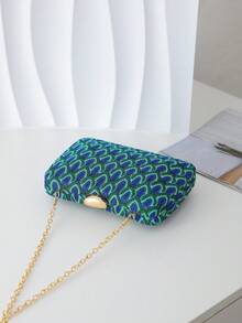 Peacock Pattern Woven Hard Case Evening Clutch, Luxury Niche Crossbody Chain Purse For Formal Occasions - Blue - View 6