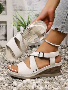 Sandalias de plataforma con cuña y hebilla de unicolor retro para mujer de talla grande - Albaricoque - Ver 6