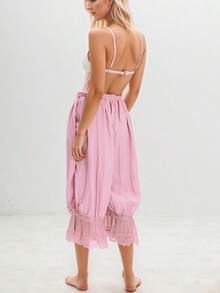 Women Y2K Half Slip Under Dress Pettipants Mid Rise Lace Patchwork Bloomers Trousers Ruffle Pantaloons Cropped Flared Pants Cute Pumpkin Long Pants - Hồng - Xem 3