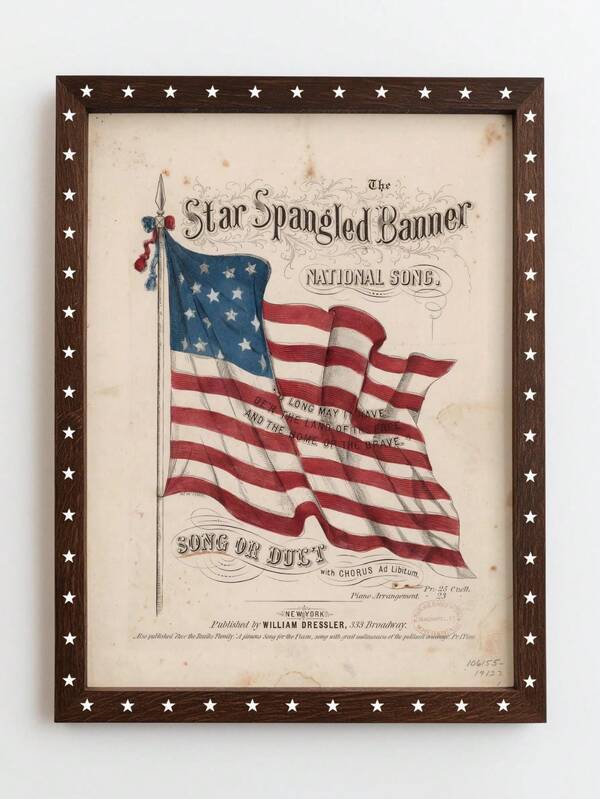 1pc Framed Canvas Wall Art, Vintage "Star-Spangled Banner" Sheet Music, Retro American Flag Canvas Wall Decor, Artwork, Farmhouse Style Gallery Wall Decoration