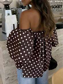 Plus Size Women's Polka Dot Contrast Color Woven Fabric Backless Ruffle Open Shoulder Top, Suitable For Beach And Daily Wear, Spring & Summer Casual - Coffee Brown - View 4