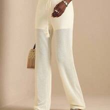 Women's Pineapple Lattice Hollow-Out Textured Knit Straight Leg Casual Pants, Vacation Style, Spring/Summer - Albaricoque - Ver 5