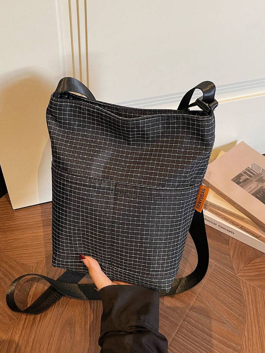Retro American Plaid Crossbody Bag | Fashionable Shoulder Bag With Front Multi-Pockets + Adjustable Strap, Large Capacity Design, Suitable For Commuting For Workers And Students