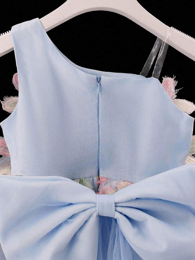 Girls' Cute Big Bow Sequin Flower Detachable Shoulder Trailing Princess Dress, For Birthday Party, Wedding, Flower Girl, Gathering, Evening Gala, Stage Performance - Baby Blue - View 6