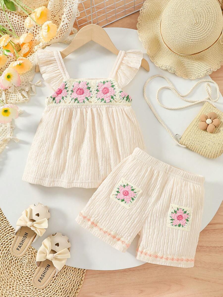 Bộ 2 món cho bé gái mùa hè: áo không tay móc họa tiết hoa và quần short xếp ly, thích hợp cho công viên và các hoạt động hàng ngày. - Màu be - Xem 1