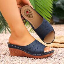 Women's Summer Casual Versatile Commuting Slip-On Sandals, Simple & Generous Open Toe Perforated Vamp Platform Mules With Polka Dot Textured Insole - Blue - View 8
