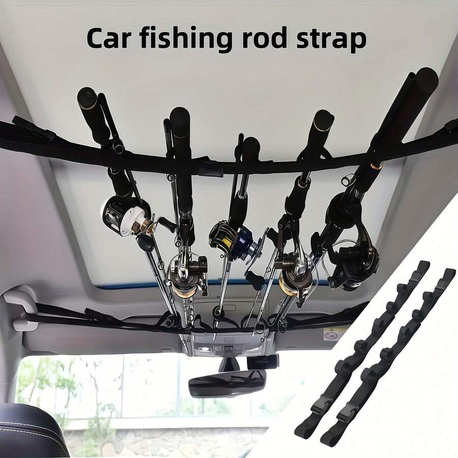 2pcs/Set Car Fishing Rod Holder Storage Set, Car Clothesline, Includes Adjustable Strap Hooks And Top Bracket, Nylon Strap And Black PA Floating Frame Design, Multi-Function Car Hanger, Backseat Storage Hanging Hook