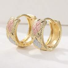 Luxury Retro Rhombus Textured Earrings, Exquisite Pink & Blue Contrast Design, Elegant Versatile Earrings For Daily, Commute, Date, Unique & Slimming, Suitable For All - Gold - View 3