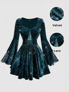 MOD Vestido mini de mujer con dobladillo de volantes, parches de encaje y terciopelo con cordón - Verde - Ver 1