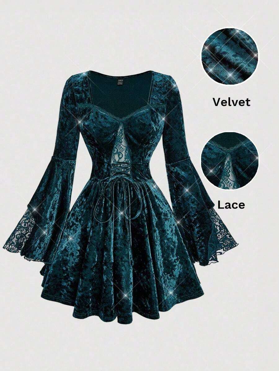 MOD Vestido mini de mujer con dobladillo de volantes, parches de encaje y terciopelo con cordón - Verde - Ver 1