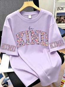 大码女装“Be Kind”印花短袖休闲圆领T恤 夏季 - 淡紫色 - 查看 1