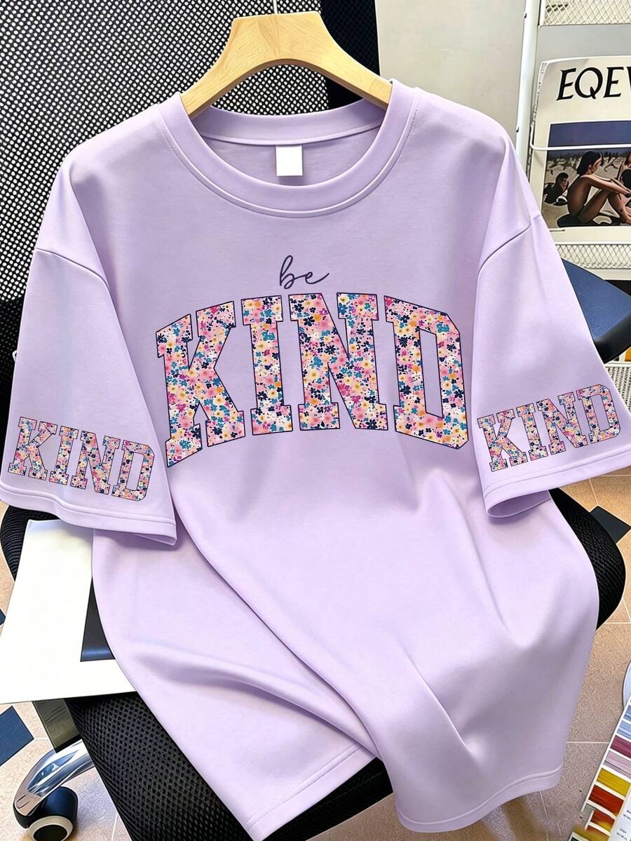 大码女装“Be Kind”印花短袖休闲圆领T恤 夏季 - 淡紫色 - 查看 1