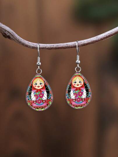 1 Pair Classic Cartoon Russian Nesting Doll Pattern With 316 Stainless Steel Teardrop Earring Hooks, Minimalist Style Suitable For Women's Daily Wear And Gifts, Elegant Simplistic Jewelry Earrings Suitable For Women's Daily And Vacation Wear